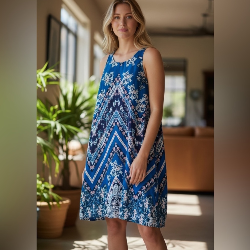 By & By Blue Floral Chevron Sundress L sleeveless scooped neck lining polyester